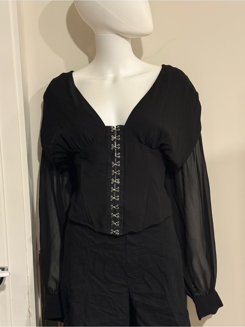 Black Hook-and-Eye Corset Top with Sheer Bishop Chiffon Sleeves